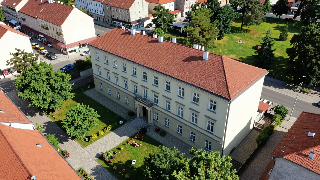 Dronový pohled na historický bytový blok v Brně s okolní zelení a čistým dvorem.