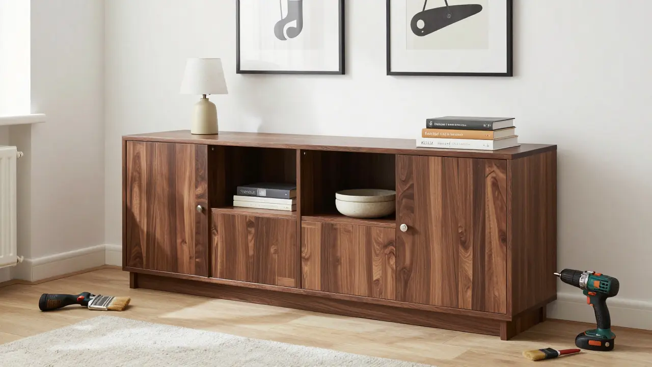 KALLAX regál přebarvený a vybavený dřevěnými dveřmi jako skříň v českém bytě.