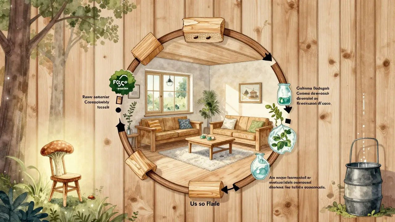Kruhový diagram životního cyklu ekologického nábytku vložený do dřevěné stěny s myceliovým židlí.