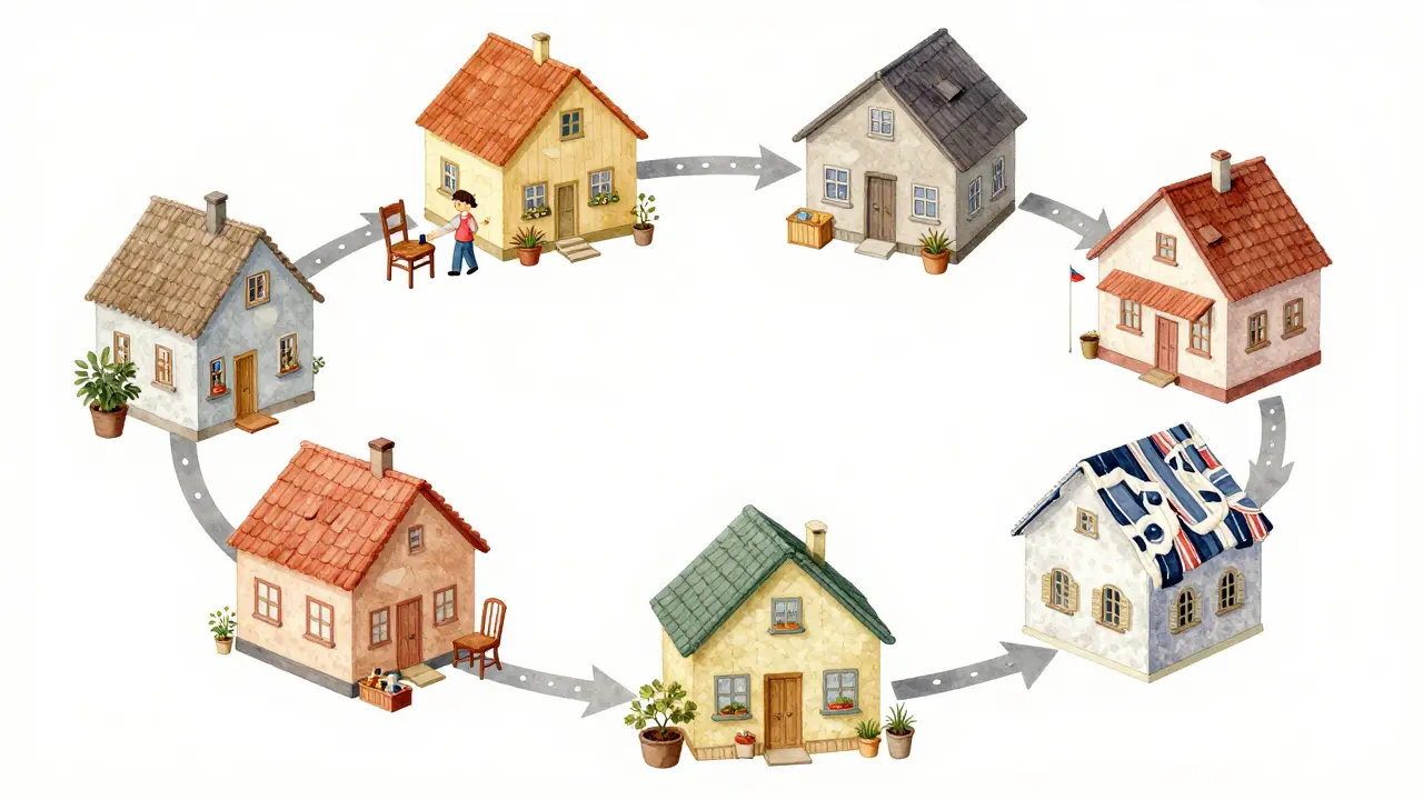 Kruhový tok domácích věcí: nábytek se opakovaně používá, opravuje a přeměňuje na nové materiály.