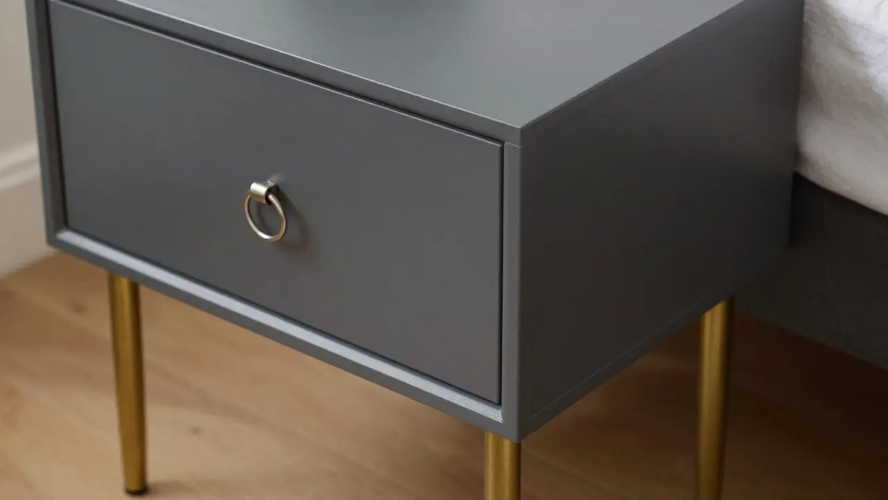 LACK noční stůlek s mosaznými nohami a tmavě šedou barvou, s kovovým prstenem na boku.