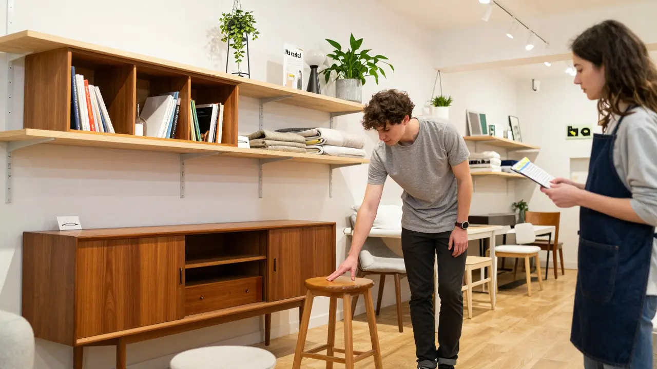 Obchod No neke! s pečlivě připraveným použitým nábytkem a textilií v čistém, moderním prostředí.