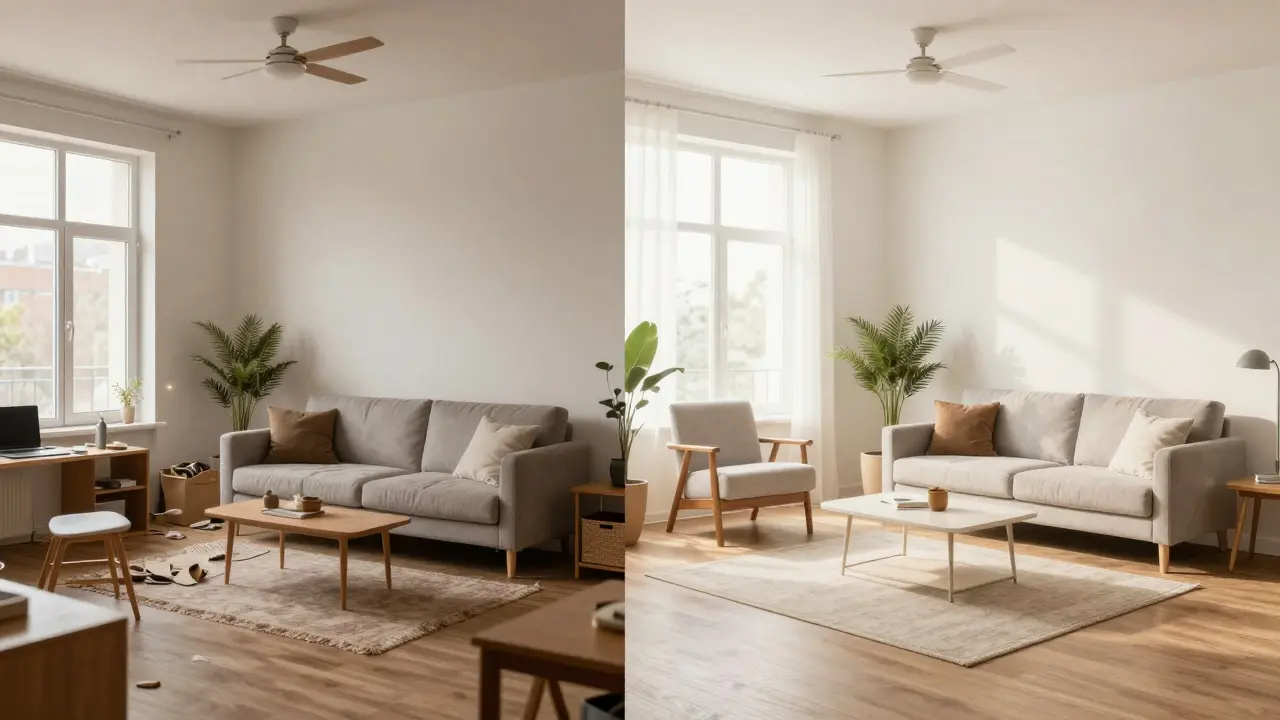 Porovnání neupraveného a profesionálně virtualně vybaveného interiéru s výrazným rozdílem v přitažlivosti.