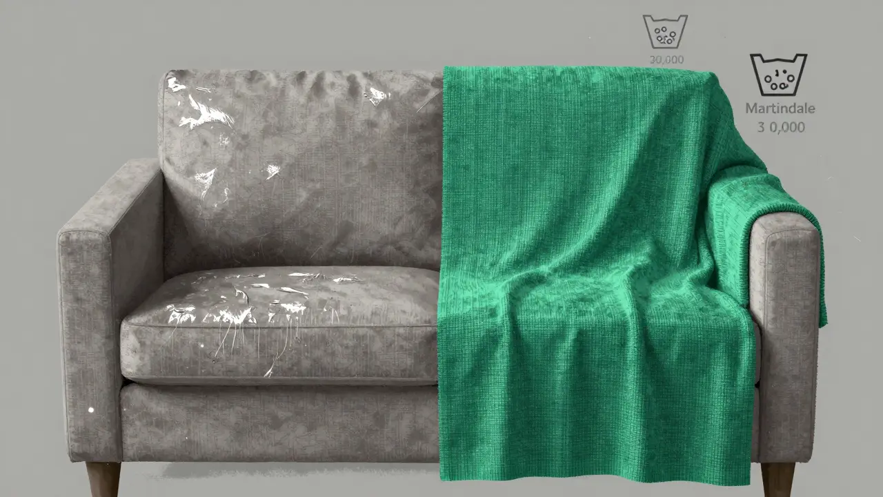 Porovnání opotřebovaného polyesteru a odolné kombinované tkaniny s čísly Martindale a vlákny.