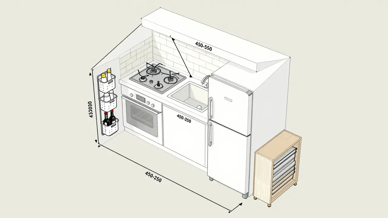 Přehledový návrh kuchyně s pracovním trojúhelníkem a multifunkčním nábytkem pro efektivní využití prostoru.