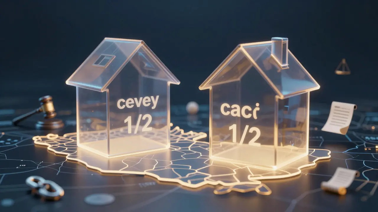 Průhledný dům rozdělený na dva stejné podíly s právními symboly kolem.