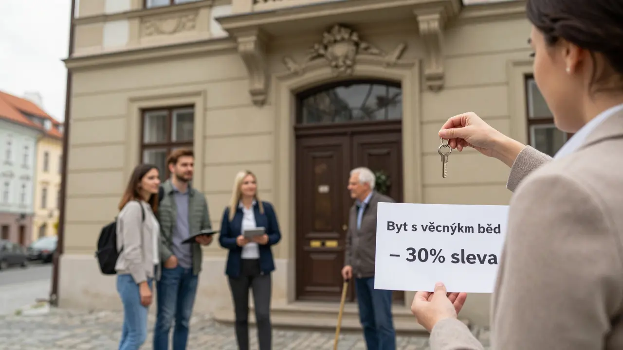 Realitní makléř drží klíč před domem, kolem něj různí kupci s příznaky zájmu.