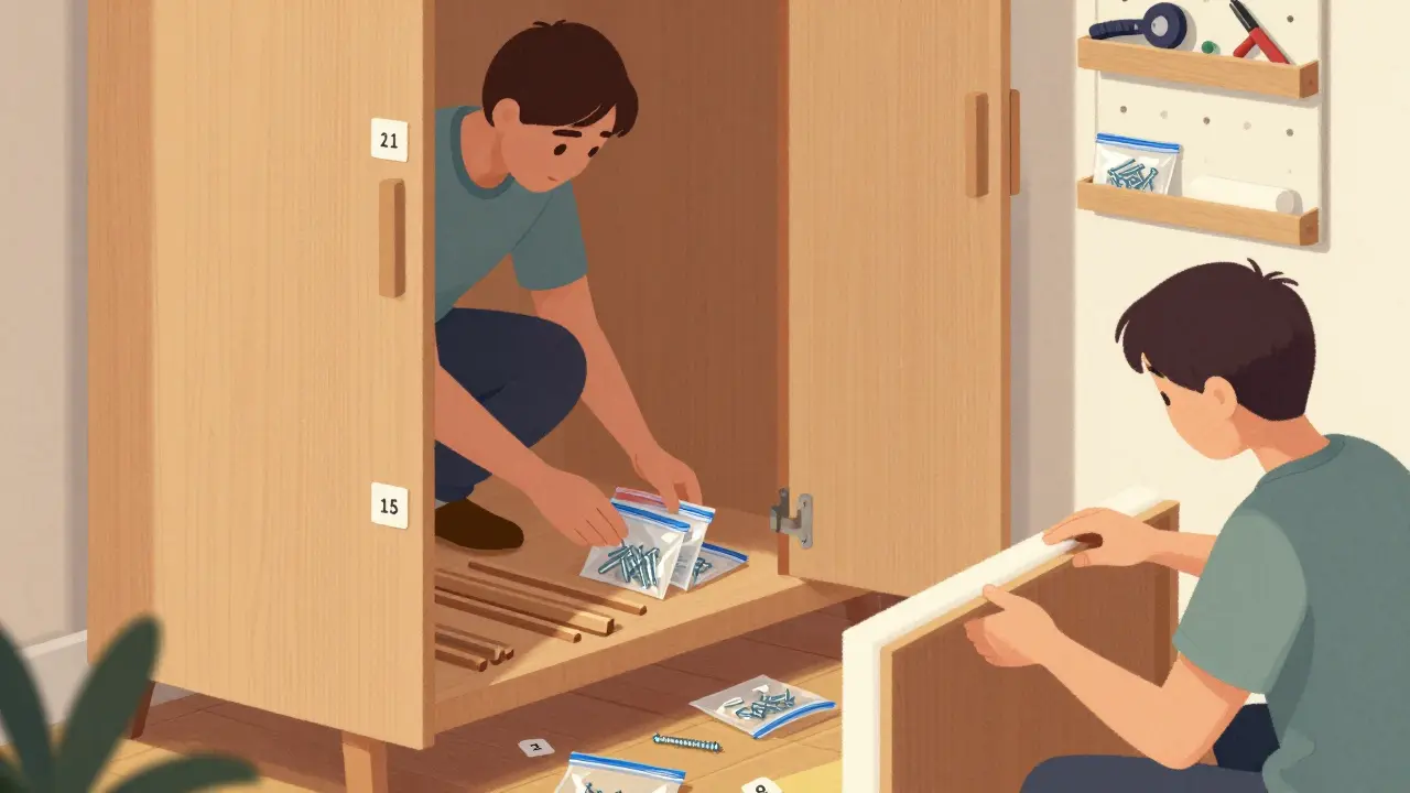 Rodina rozkládá dřevěnou skříň, popisuje díly a balí šrouby do sáčků pro bezpečný přesun.