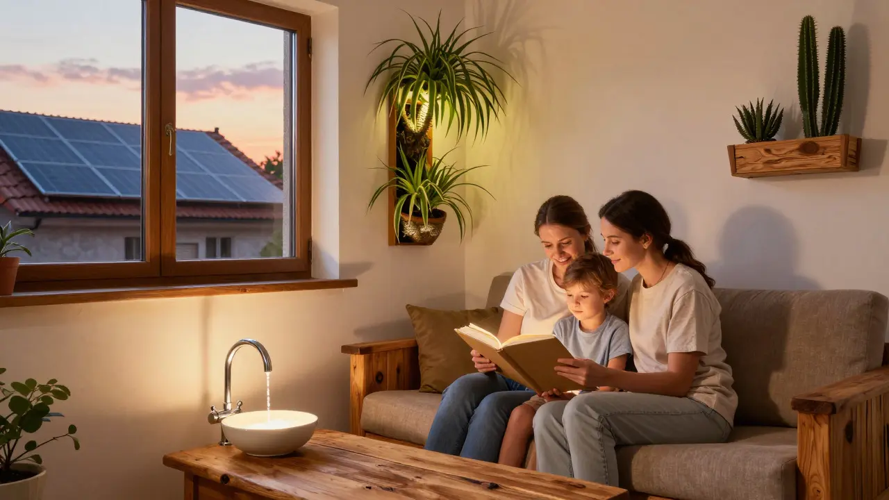 Rodina v domě s recyklovaným nábytkem, rostlinami a LED osvětlením při západu slunce.