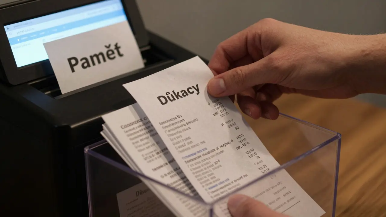 Ruky ukládají důkazy o rekonstrukci do krabice, zatímco staré dokumenty jsou zničeny.