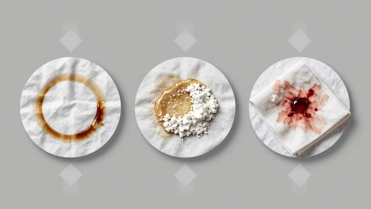 Tři typy skvrn na textilii s příslušnými metodami čištění: káva, tuk a krev.
