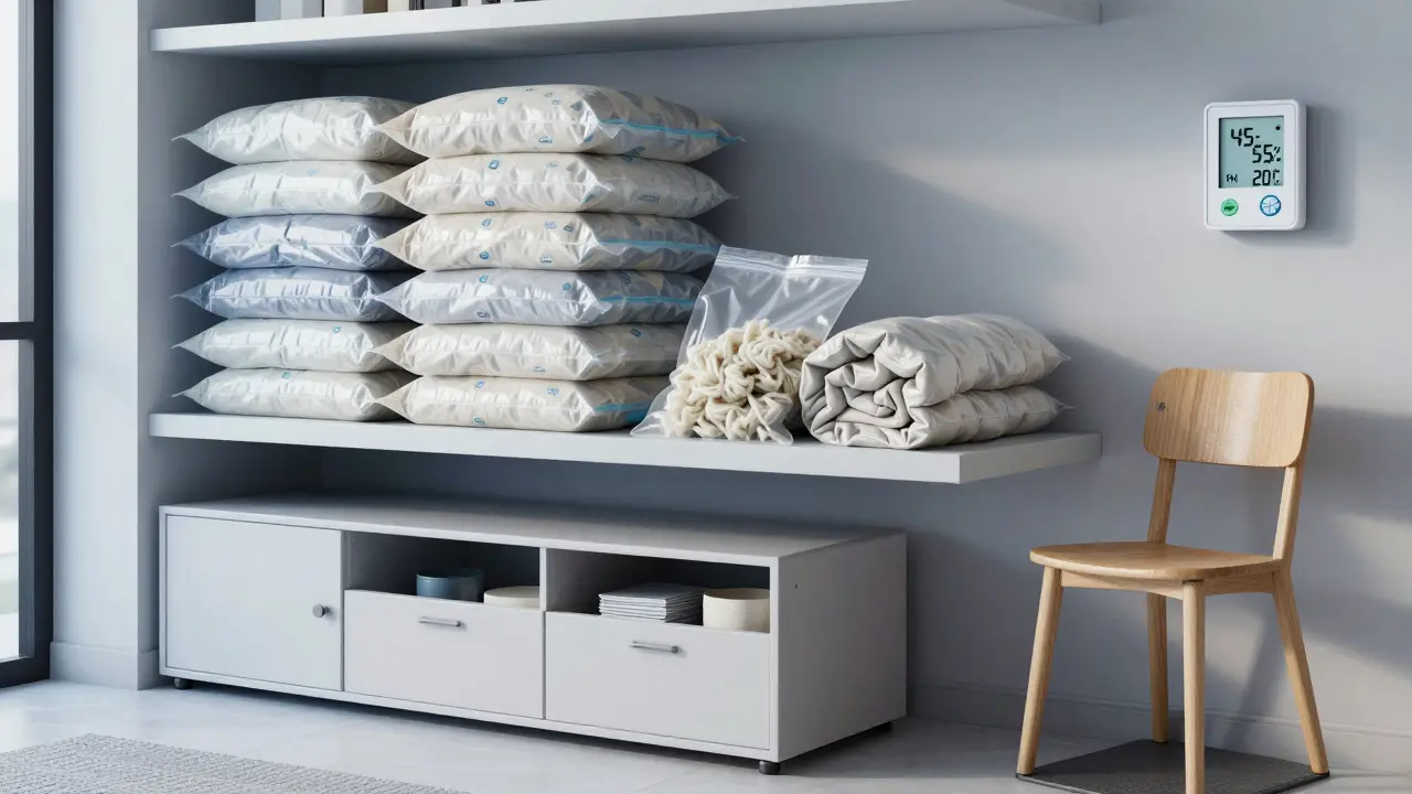 Vakuové pytle na police s měřiči vlhkosti a teploty, ukazující efektivní skladování v malém bytě.