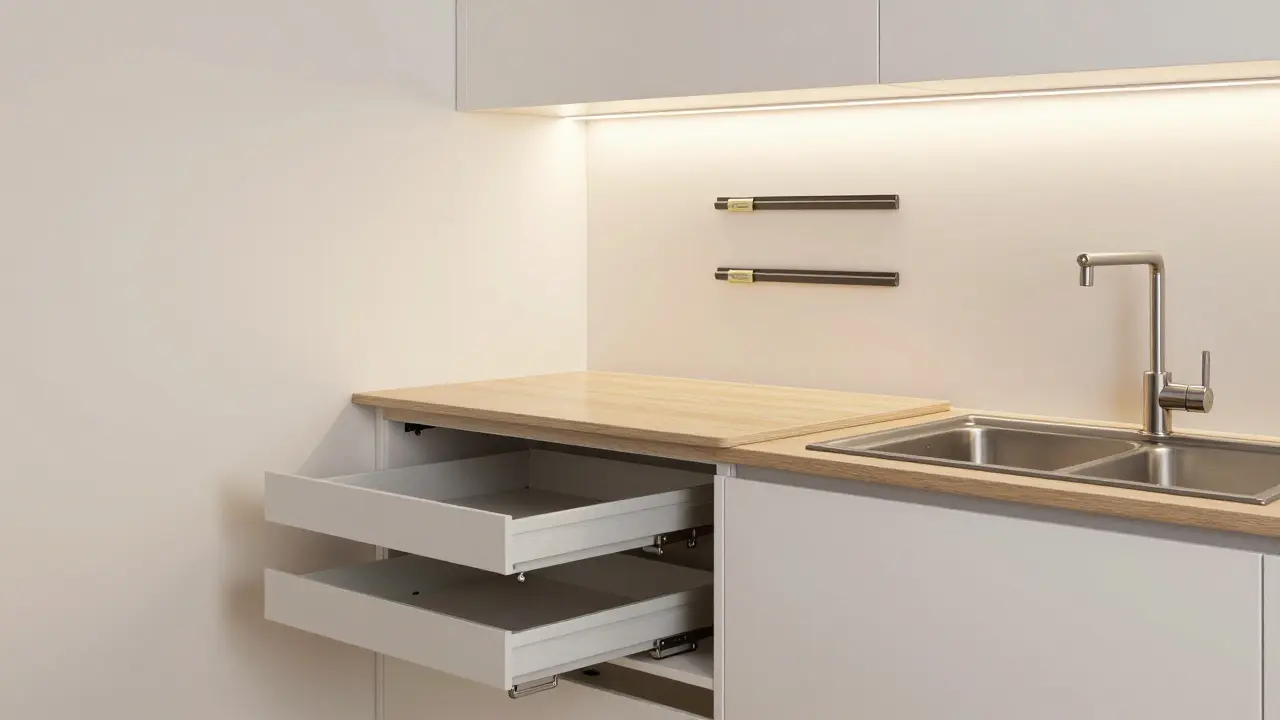 Výsuvné police a skládací pracovní plocha v úzké kuchyni s LED osvětlením pod horními skříněmi.