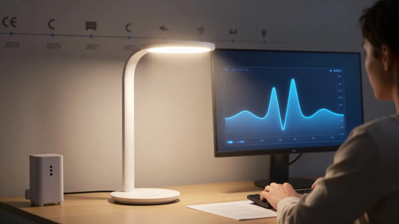 Chytrá stolní lampa s senzorem únavy očí automaticky upravuje světlo podle času dne a zrakového zatížení uživatele.