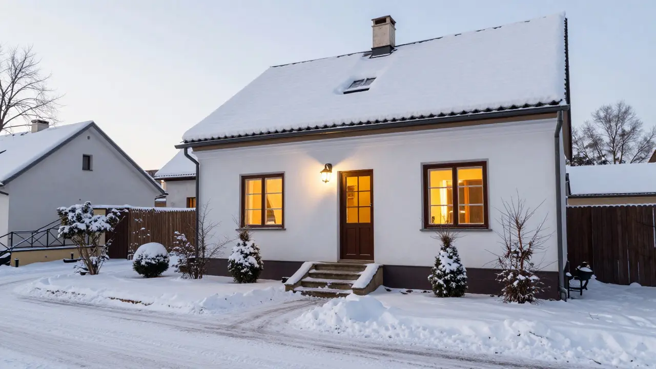 Čistý zimní vzhled domu s vyčištěnými cestami, zářícími okny a lucerničkou na terase, ukazující péči o nemovitost.