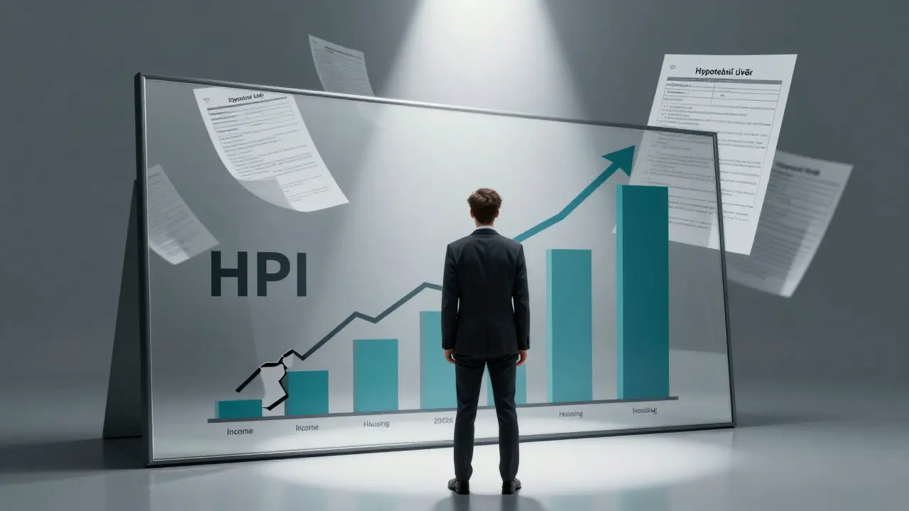 Člověk před zrcadlem, které odrazí růst cen bytů a pokles přístupnosti bydlení.