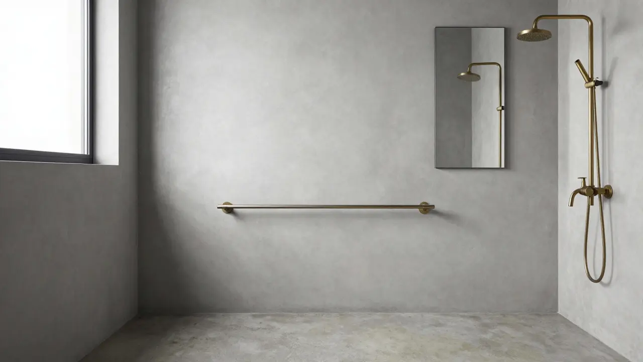 Czech minimalist bathroom with embedded metal towel rail, matte cement walls, and uniform brass fixtures.