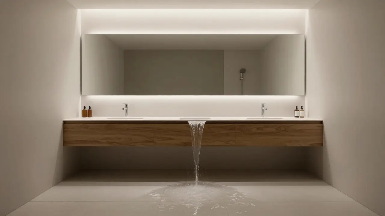 Dawn-lit minimalist bathroom where water flows seamlessly onto tiles, with a single wooden accent and no visible clutter.