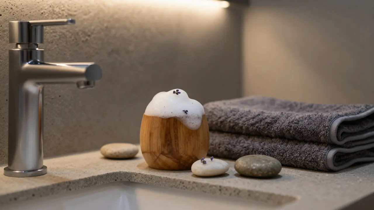 Detail koupelny s dřevěným dávkovačem mýdla, sušenými květy a kameny na kamenité poličce.