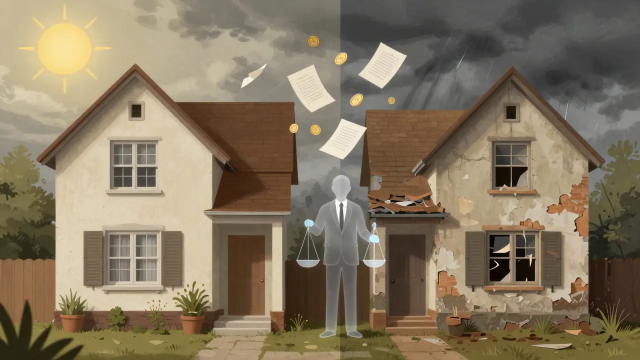 Dům rozdělený na dvě části — jedna udržovaná, druhá zanedbaná — symbolizující nerovnost ve spoluvlastnictví.