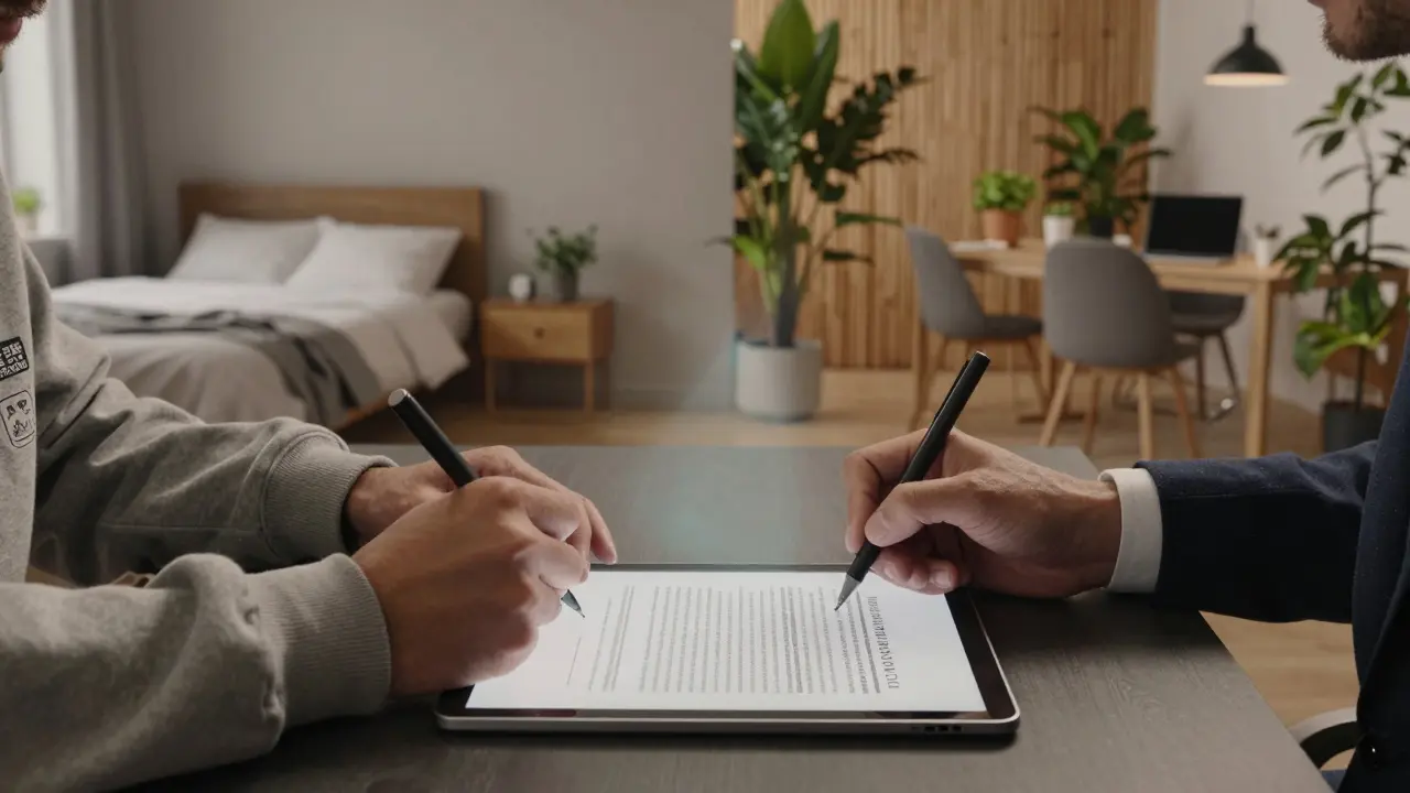 Dvě ruce podepisují smlouvu o hybridní práci, s pozadím domova a kanceláře.