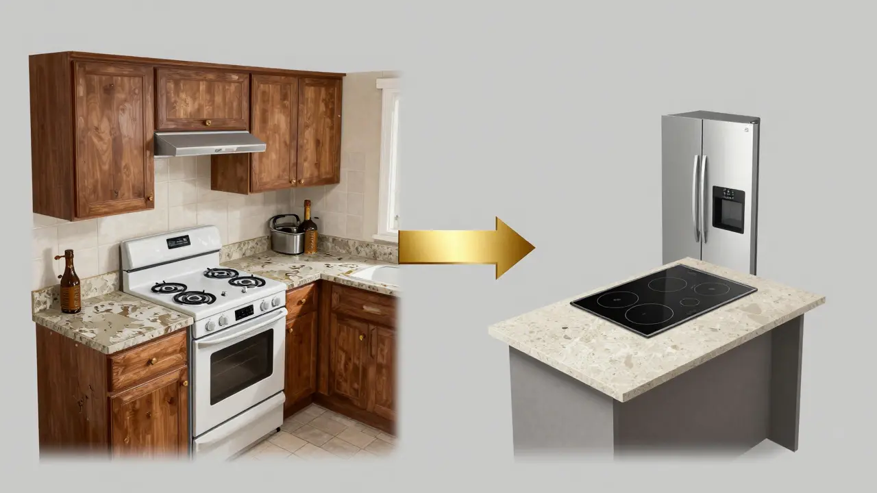 Dvě strany kuchyně: stará s laminátovou deskou a nová s kámenovou deskou, oddělené zlatou šipkou.