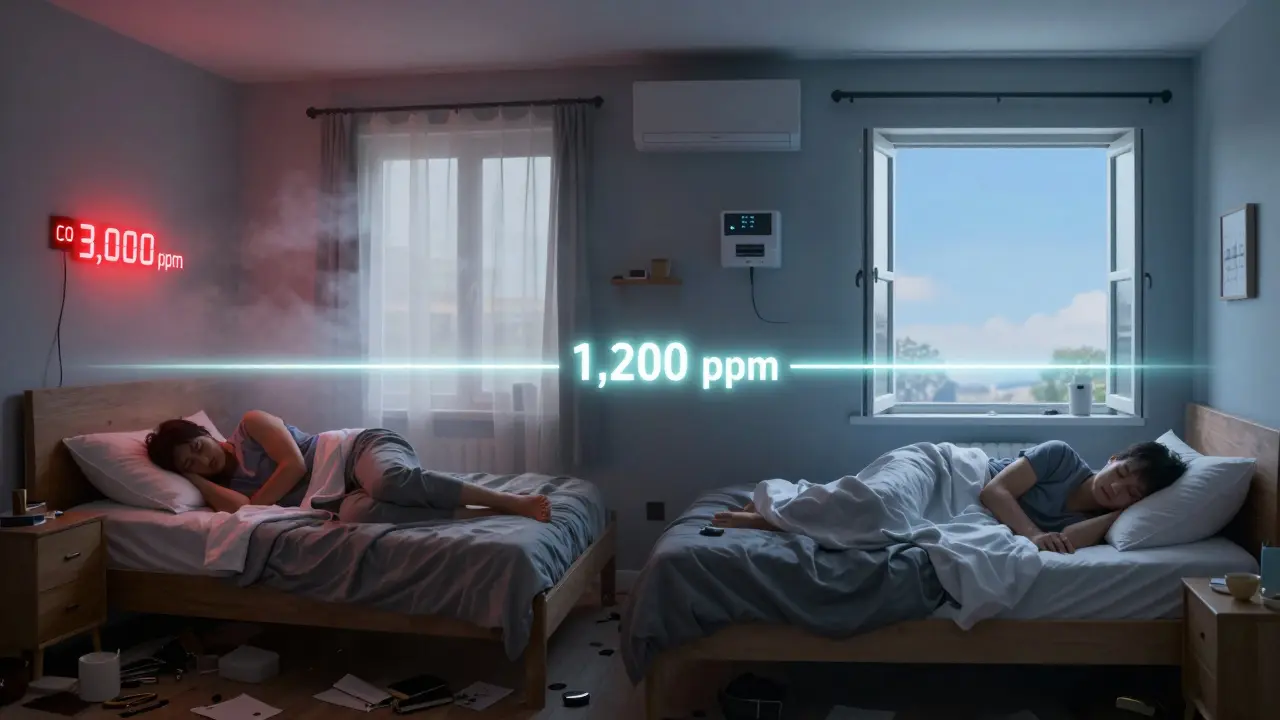 Dvojitý pohled: špatná kvalita vzduchu vlevo a čerstvý vzduch s automatizovaným větráním vpravo.