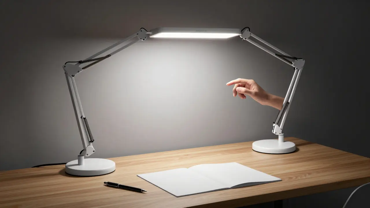 Dvouramenná stolní lampa rovnoměrně osvětluje celý stůl, zatímco okraje zůstávají ve stínu, ukazujíce důležitost správného osvětlení.