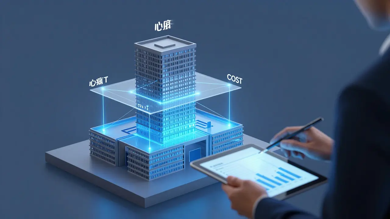 Kombinace tří metod oceňování v moderním 3D modelu budovy.
