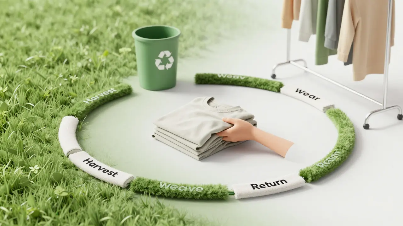 Kruhový tok textilu od sběru až po nové oblečení, symbolizující cirkulární ekonomiku.