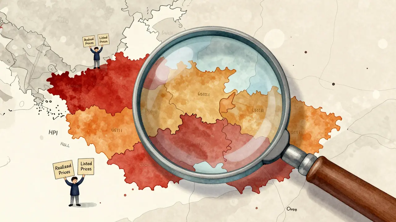 Lupka zobrazující regionální rozdíly v indexu cen nemovitostí v České republice.