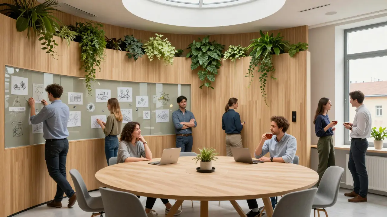 Moderní česká kancelář s přírodními prvky, kde lidé spolupracují pod přírodním světlem.