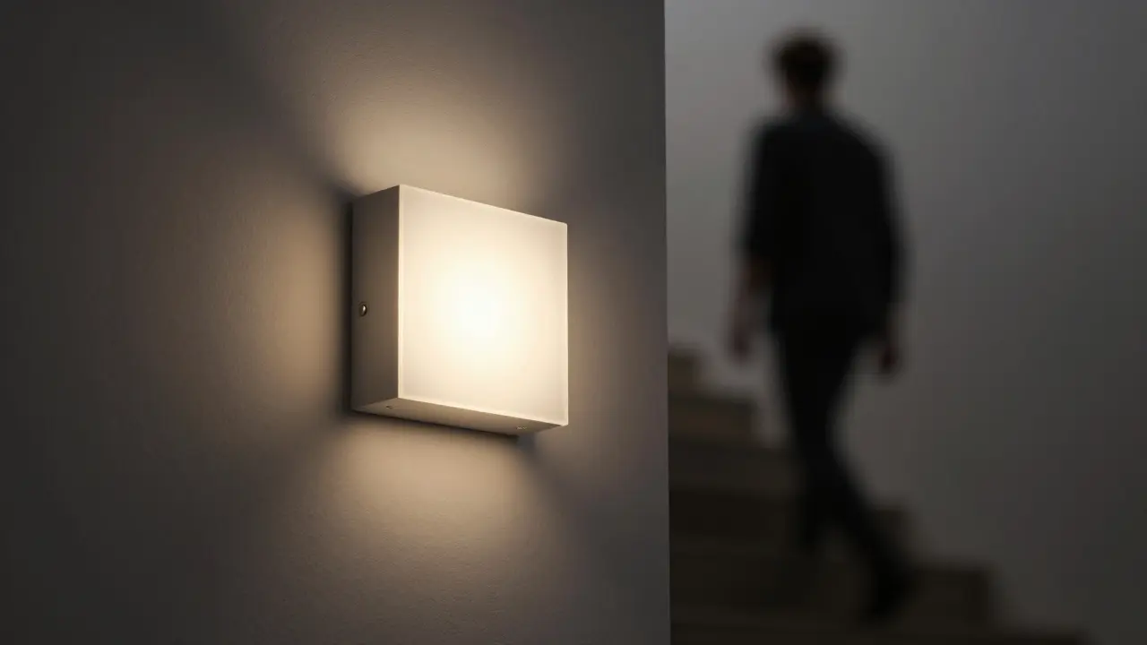 Nástěnné LED svítidlo s teplým bílým světlem vedle schodiště v tmy.