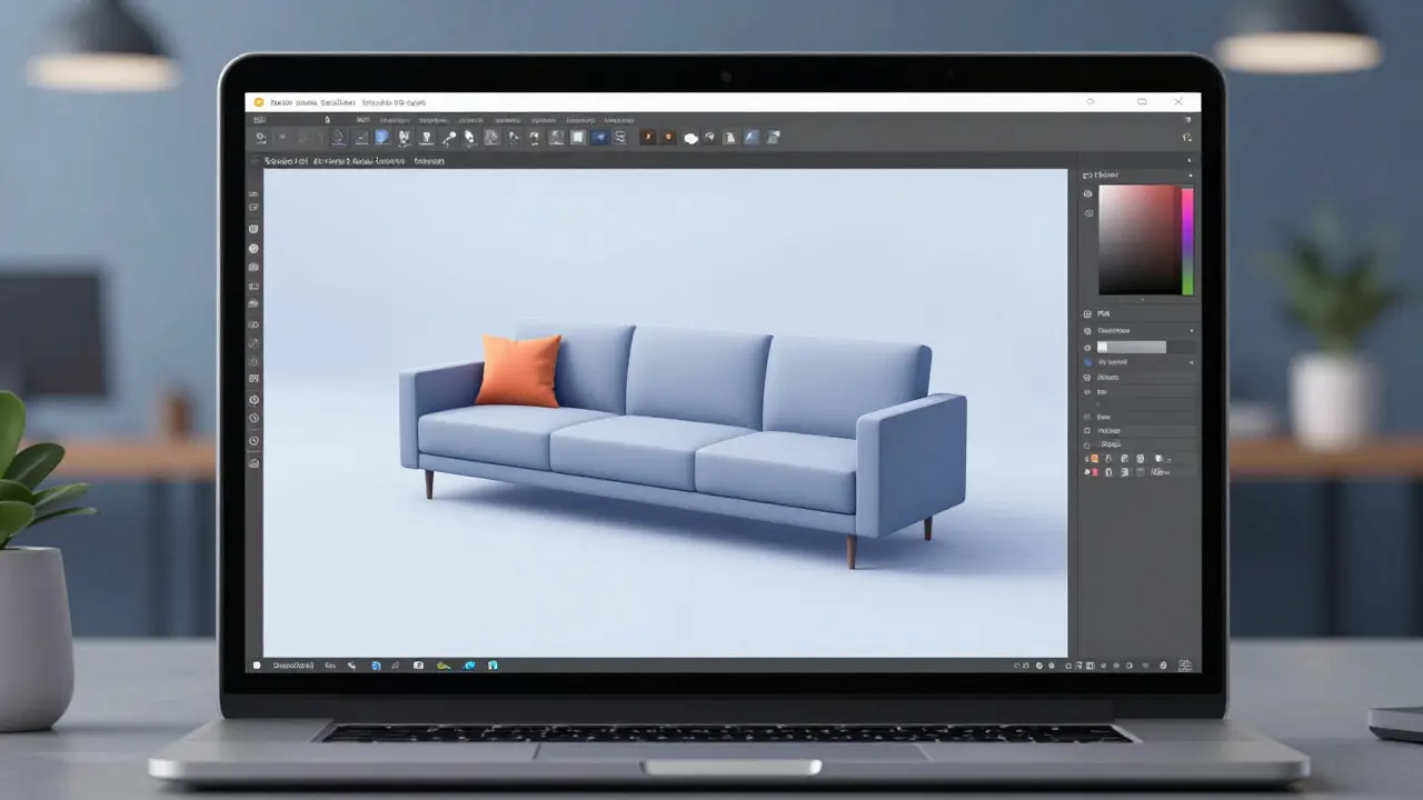 Návrhář upravuje nábytek ve virtuálním interiéru na obrazovce.