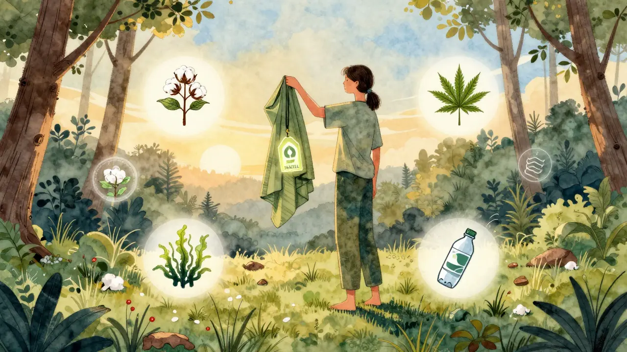 Osoba s oblečením s certifikací GOTS, obklopená ikonami udržitelných materiálů ve přírodě.