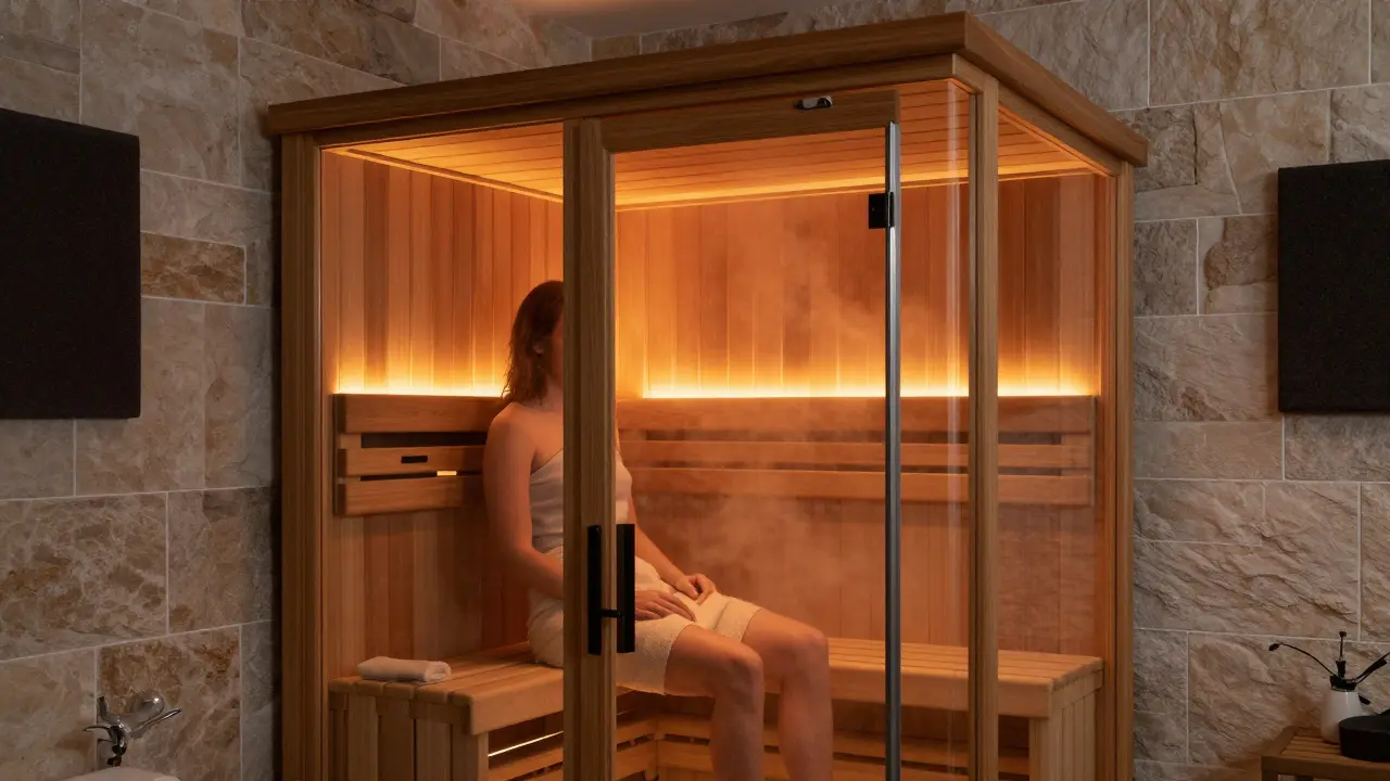 Osoba v infrasauně v koupelně, kde teplé světlo a dřevěná konstrukce vytvářejí klidnou atmosféru.