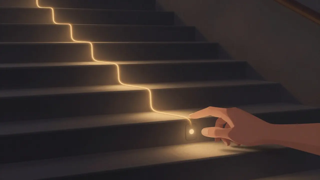 Pohyb spustí postupné osvětlení jen následujících schodů v tmavé hale.