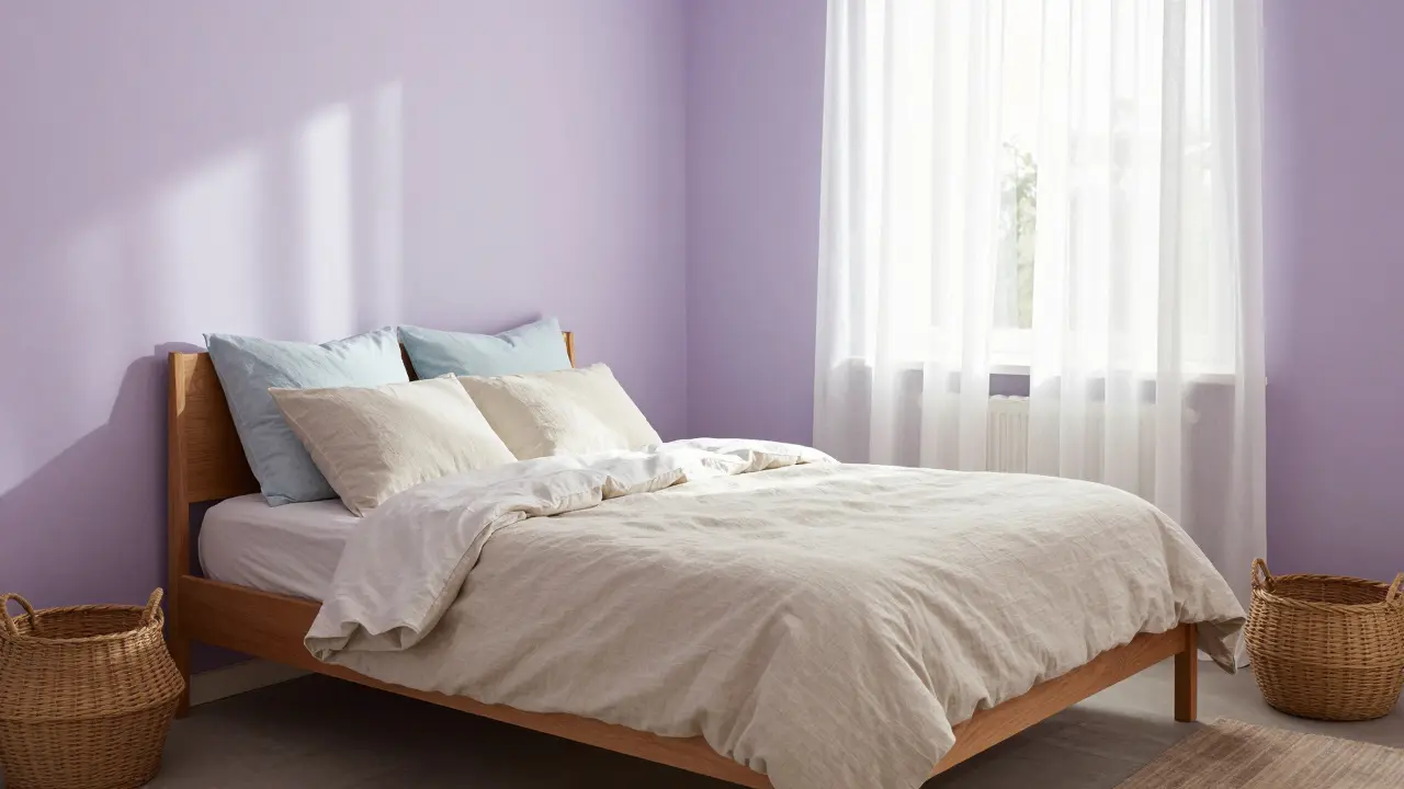 Pokoj s pastelově fialovými stěnami, dřevěnou postelí a jemně modrými polštáři v klidném osvětlení.