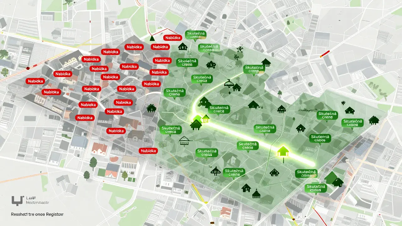 Průhledná mapa české čtvrti s viditelnými skutečnými prodejními cenami skrytými pod nabídkovými údaji.