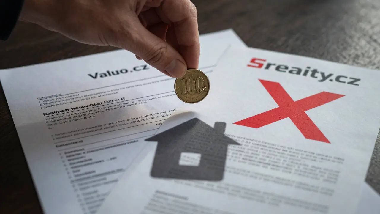 Ruka klade 100 Kč na tři dokumenty: Valuo.cz, Katastr a inzerát — mince vytváří stín domu.