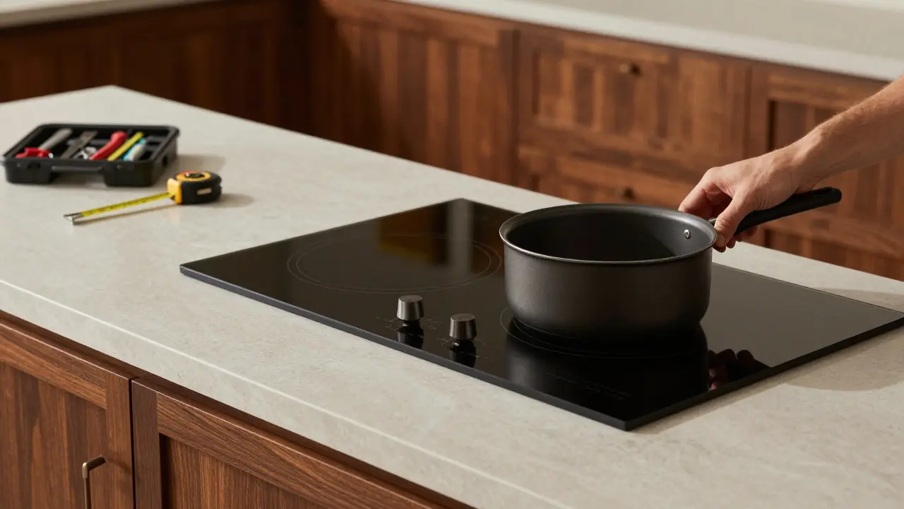 Ruka klade hrnec na indukční varnou desku, za ní jsou klasické dřevěné skříně a nová kámenová deska.