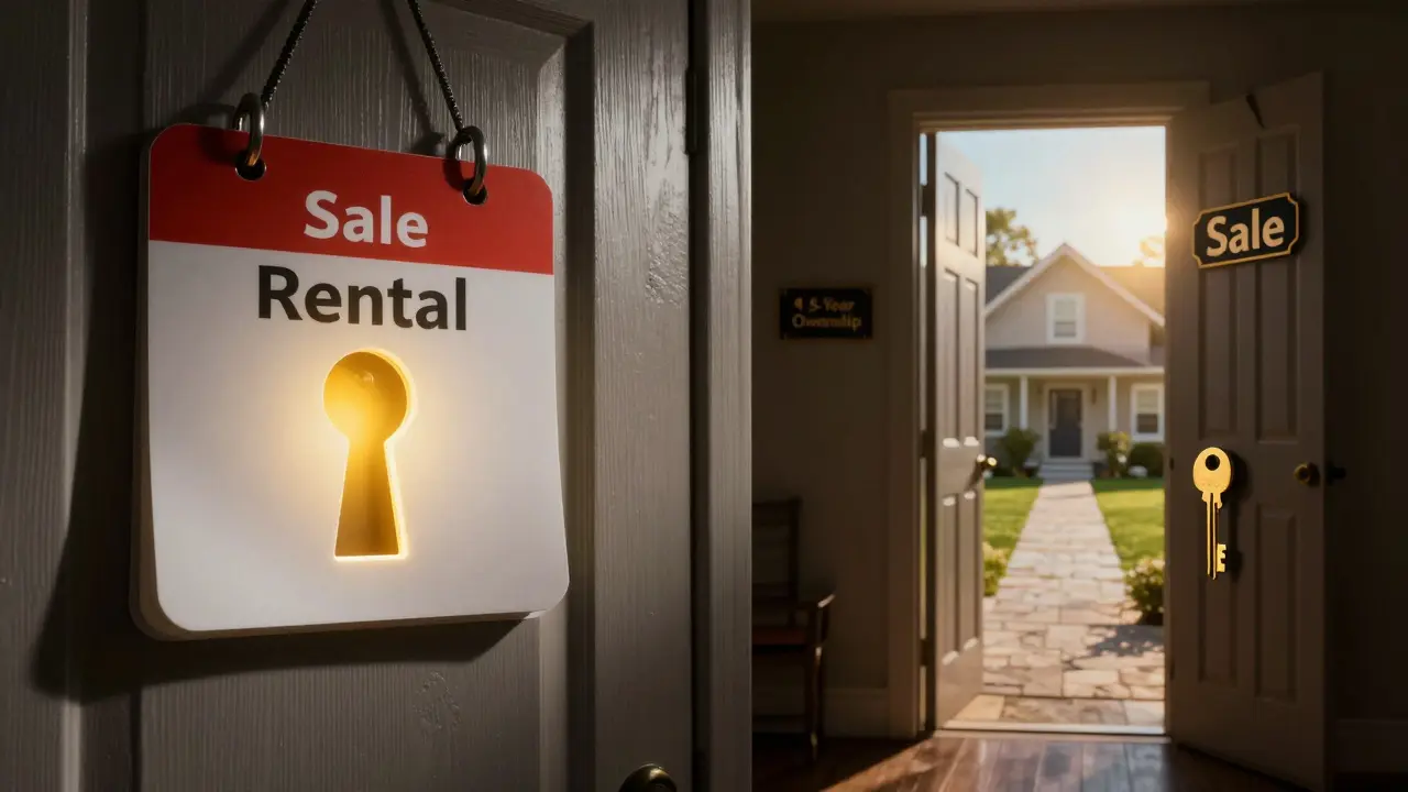 Symbolický obraz dvou cest: pronájem vs. prodej nemovitosti po pěti letech