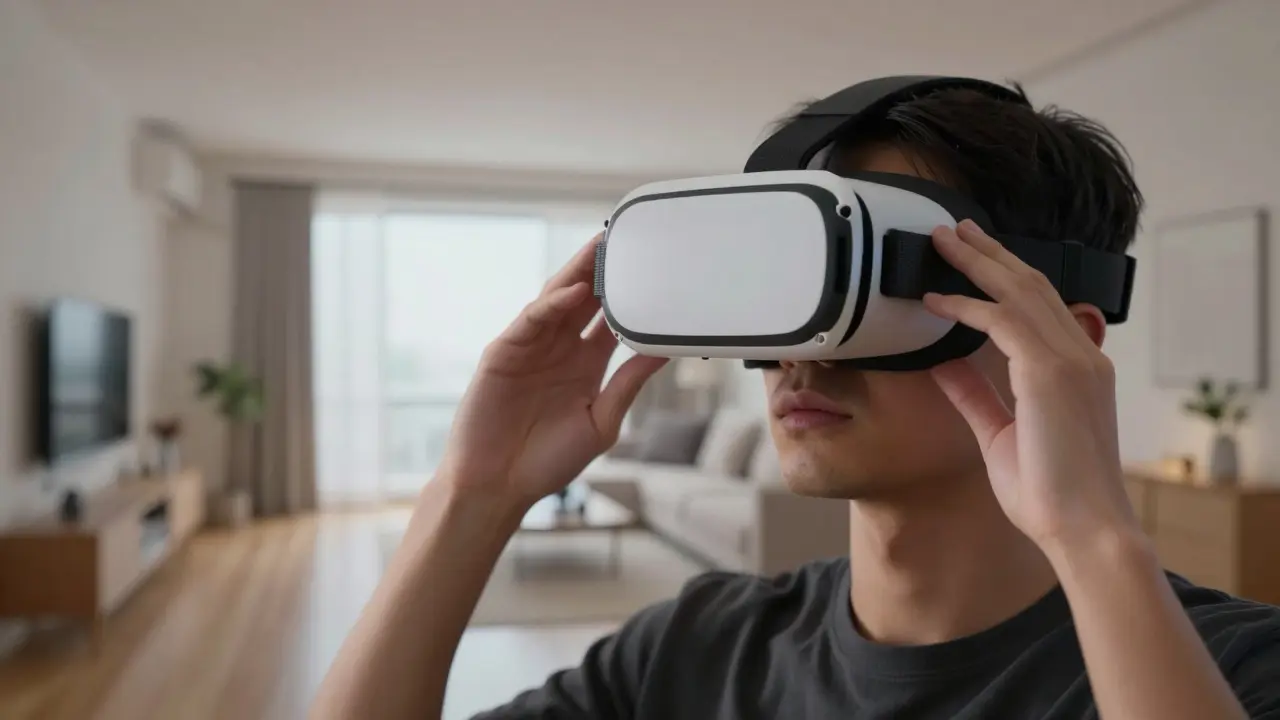 Uživatel prochází virtuálním bytem přes VR headset.