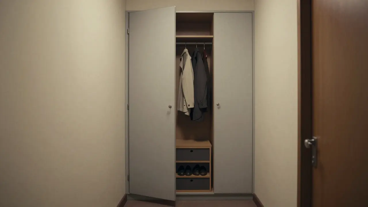 Úzká chodba s nainstalovanou skrytou skříní, která nezatěžuje prostor a ukládá boty i oblečení.