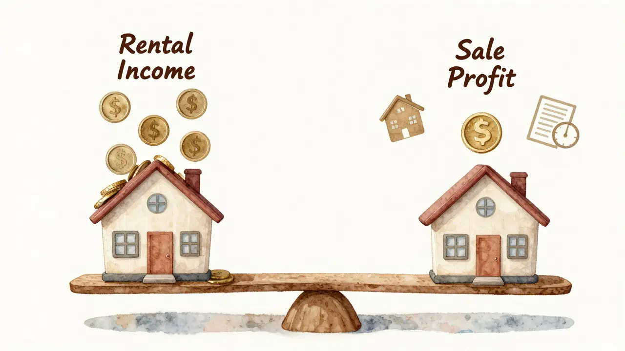 Vizualizace rozdílu mezi opakujícím se příjmem z pronájmu a jednorázovým ziskem z prodeje