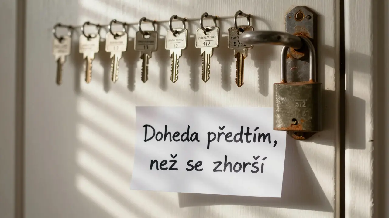 Zamčená dveře s více klíči označenými podíly, jeden klíč chybí, na pozadí zápisek.