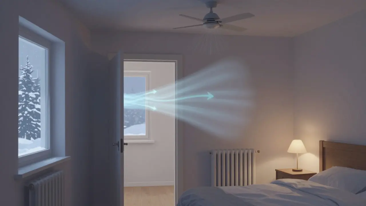 Zimní ložnice s cirkulací vzduchu přes otevřené dveře a stropní odvětrávací ventilátor.