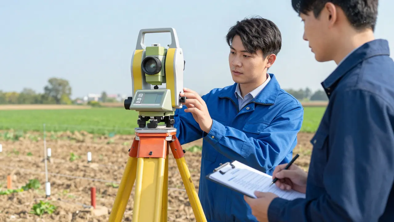 Autorizovaný zeměměřič měří hranice pozemku pomocí trigonometrického přístroje.