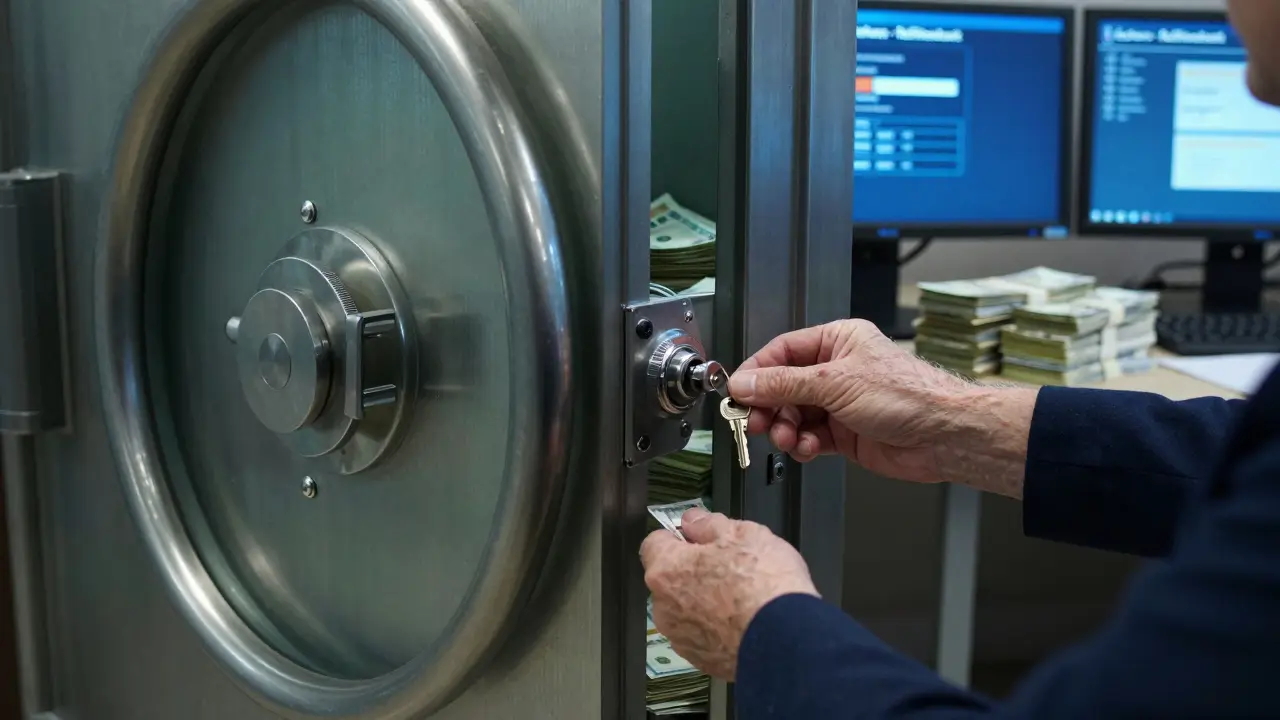 Bankovní trezor s částkou 3 miliony korun a klíčem na práhu.