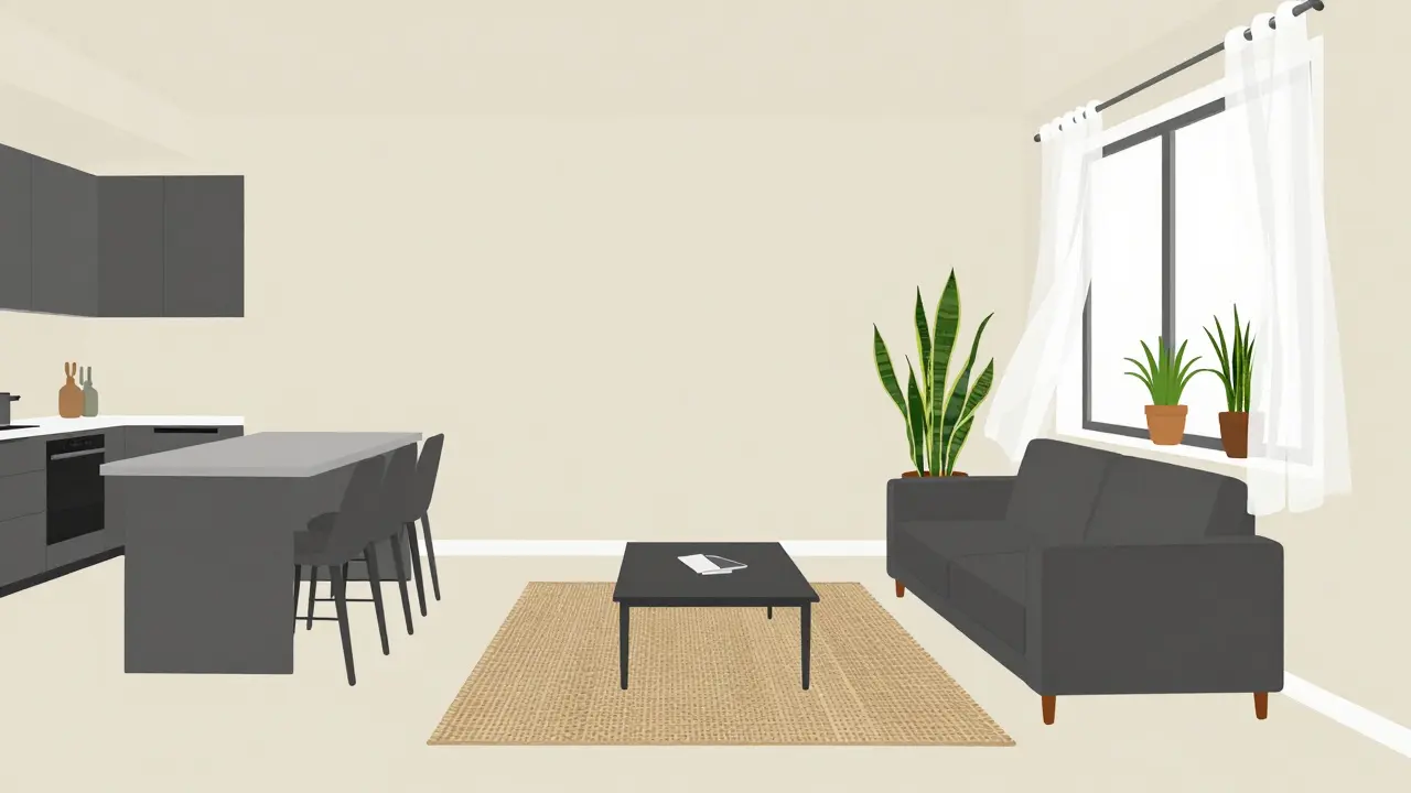 Byt s neutrální barevnou paletou, textilií a rostlinami, vytvářející působivý, nezatížený prostor.